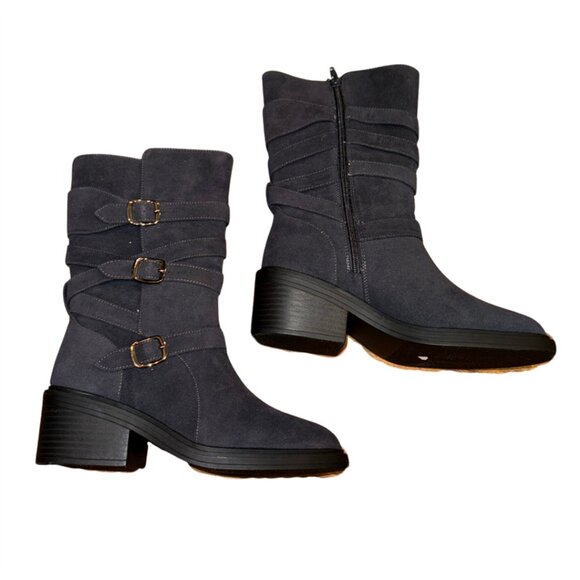 Stylish Gray Suede Mid-Calf Boots with Buckle Straps – Women’s Size 7 - Picture 2 of 9